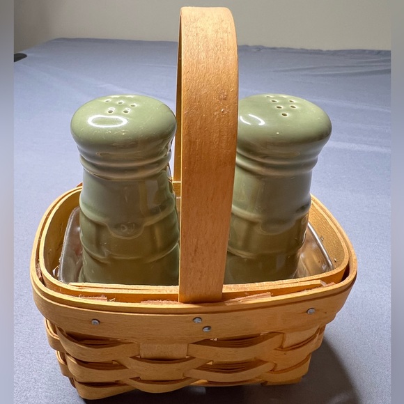 Longaberger Other - Longaberger Salt Pepper Basket Set Olive Green Pottery Farmhouse USA